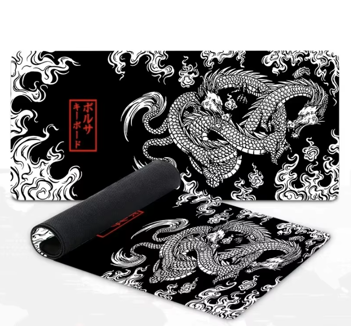 Alfombrilla de ratón para juegos grande cosida con diseño de dragón japonés.